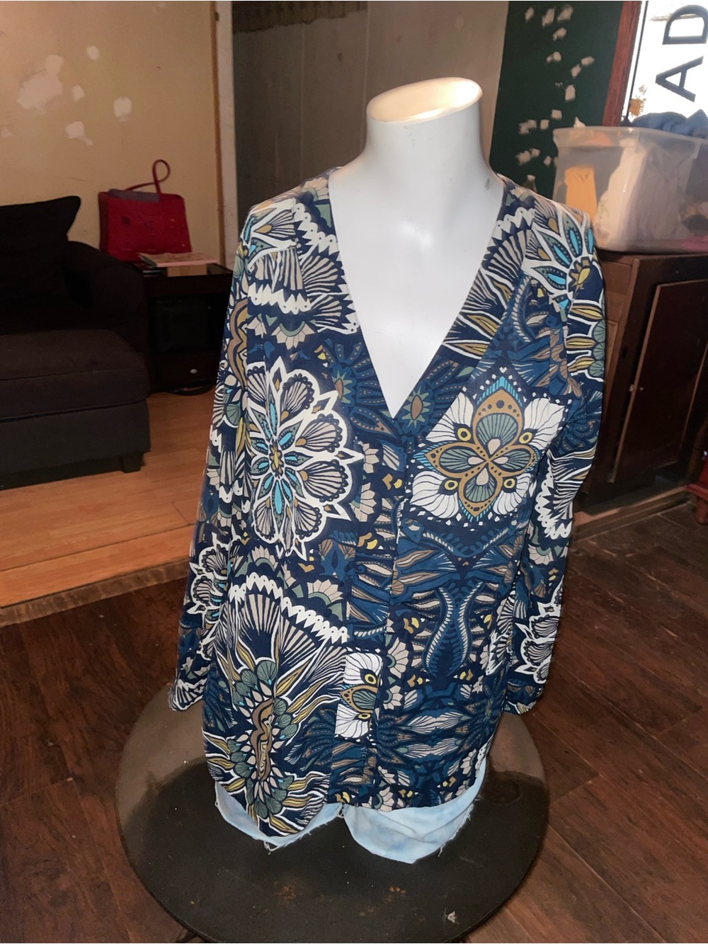 H&M Navy Floral Button-Front Blouse with Mustard Accents